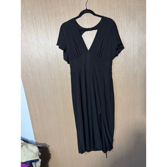 AYM Studio Black Midi‎ Dress 2XL Cutout Back Lace Up Slit Flutter Sleeve - Picture 1 of 6